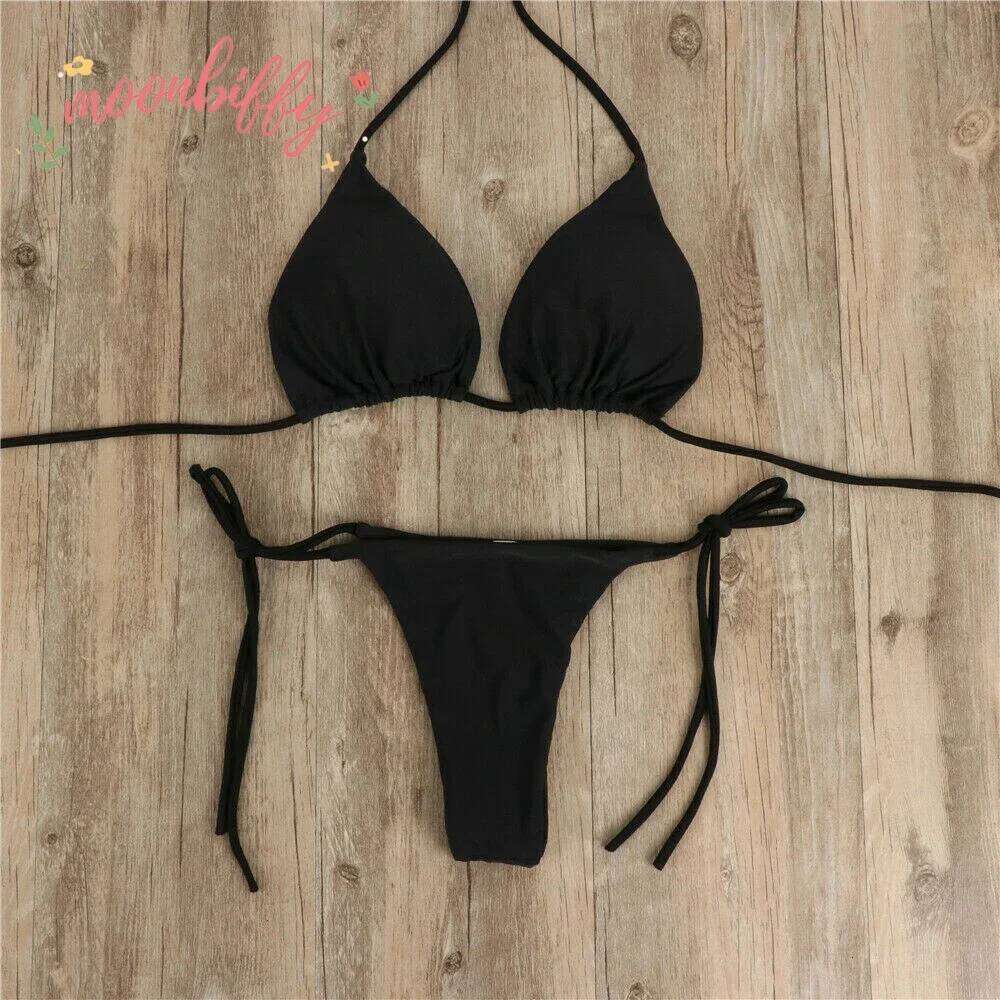Women Thong Set Side Lace-up Sexy Swimsuit Bandage Neck Tie Swimwear Adjustable Brazilian Style Bikini Underwear Z260301
