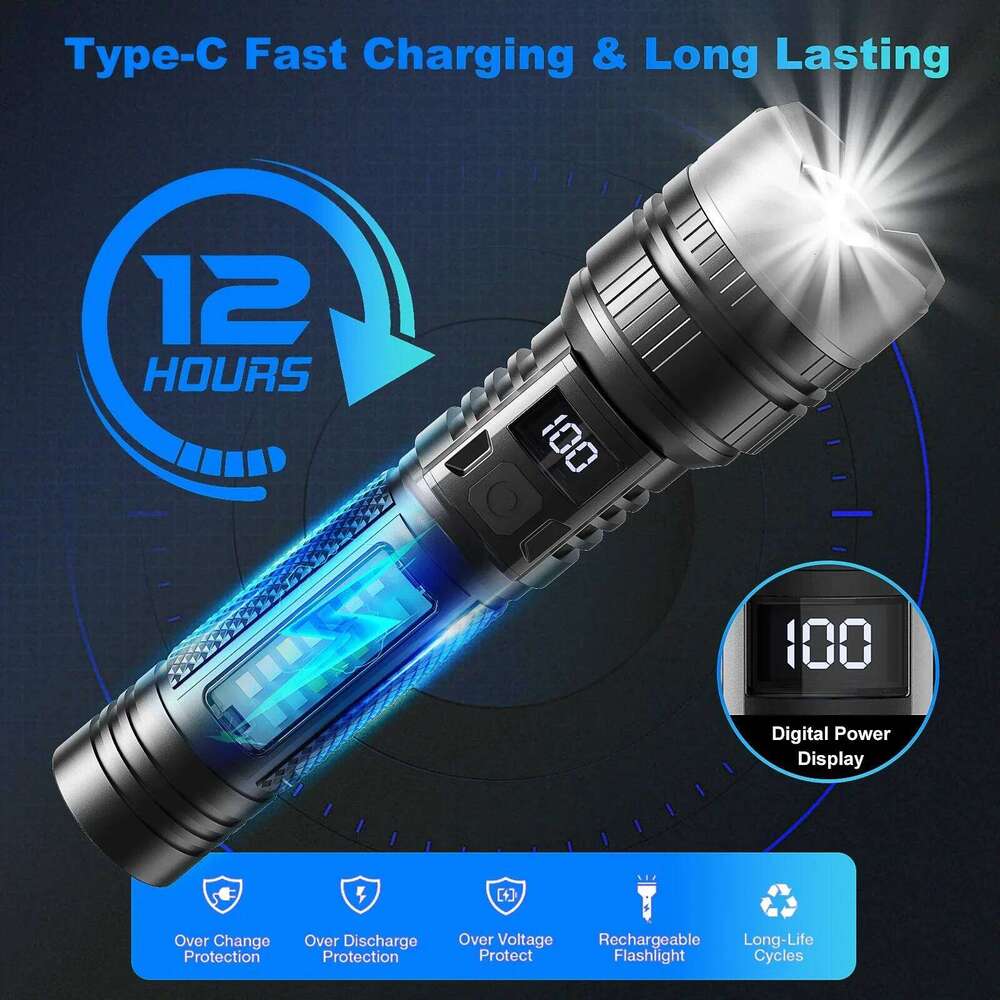Super Bright LED Flashlight 5 Lighting Modes USB Rechargeable Flashlights Telescopic Zoom Torch with Red/Blue COB Side Lights Z260301