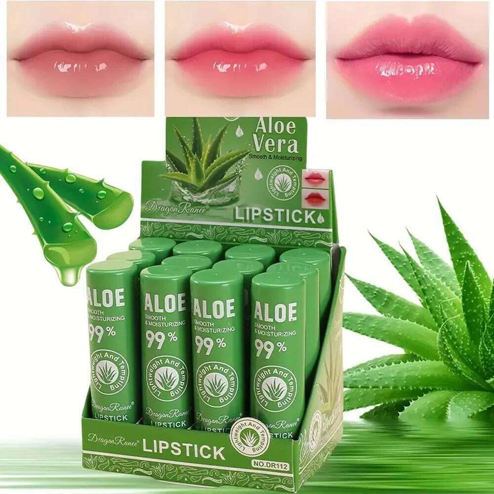 12-Piece Aloe Vera Lip Balm Set, Long-Lasting Moisturizing, Non-Stick, Waterproof, Color-Changing Jelly Lipstick Containing Plant Squalane, Suitable f