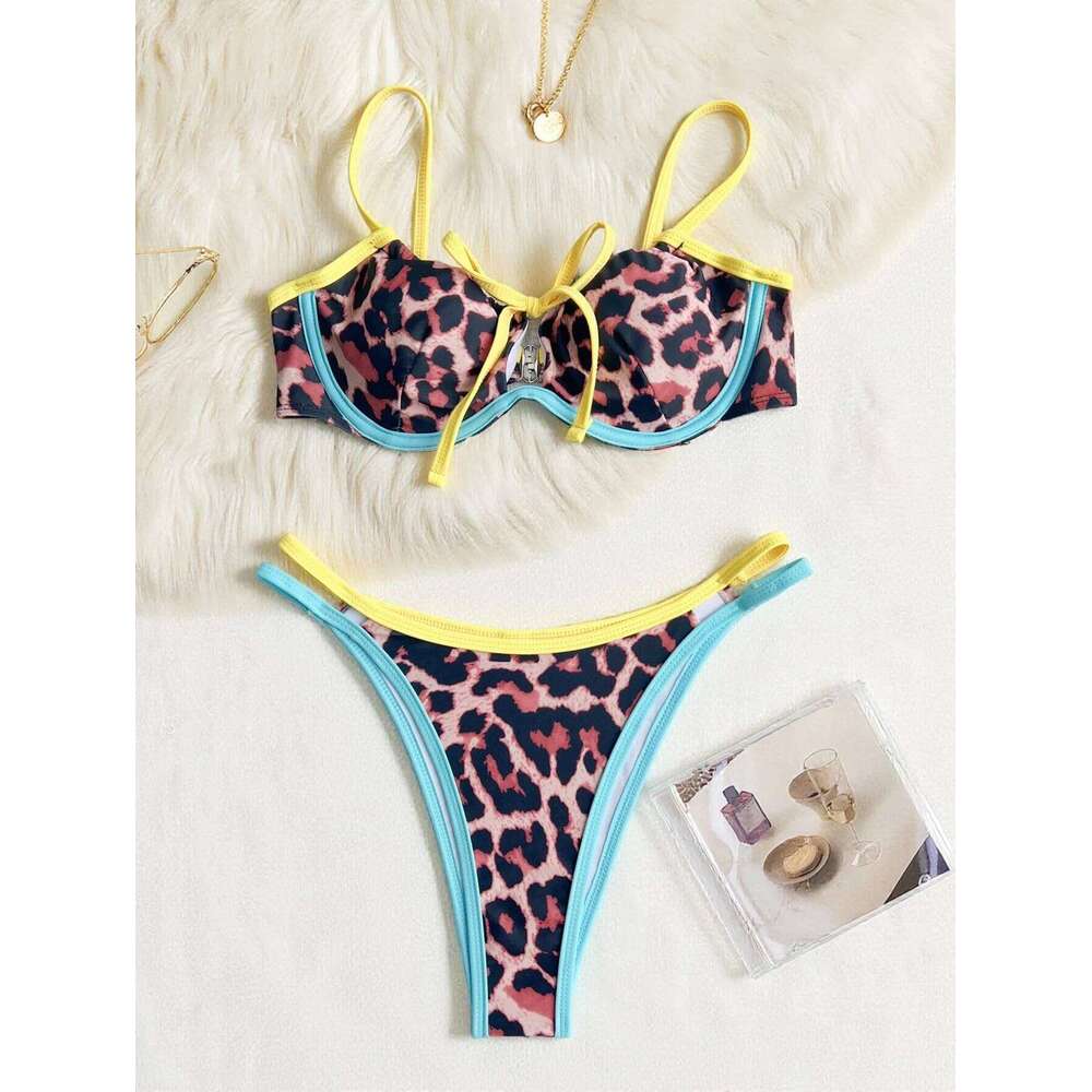 Sexy Neon Green Leopard Print Patchwork Micro Bikini 2026 Women Front Tie Push Up Underwire Swimwear Bathing Suit Thong Swimsuit Z260301