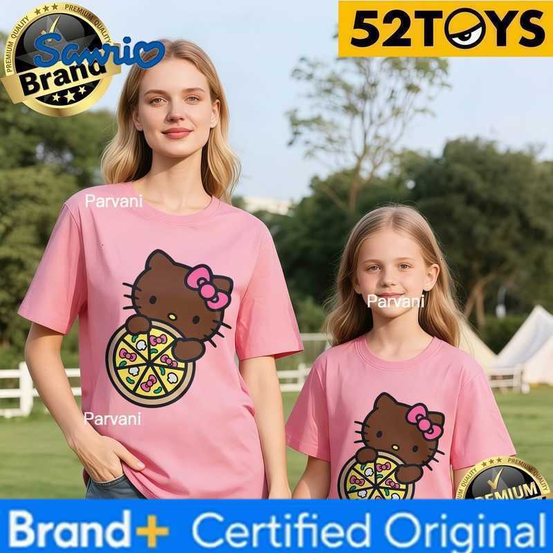 Sanrio 52TOYS Hello Kitty Pizza Print Family T-shirts 2026 Summer 100 Cotton Casual Loose Parent-Child Y2k Tees Single Piece3Pcs H260302