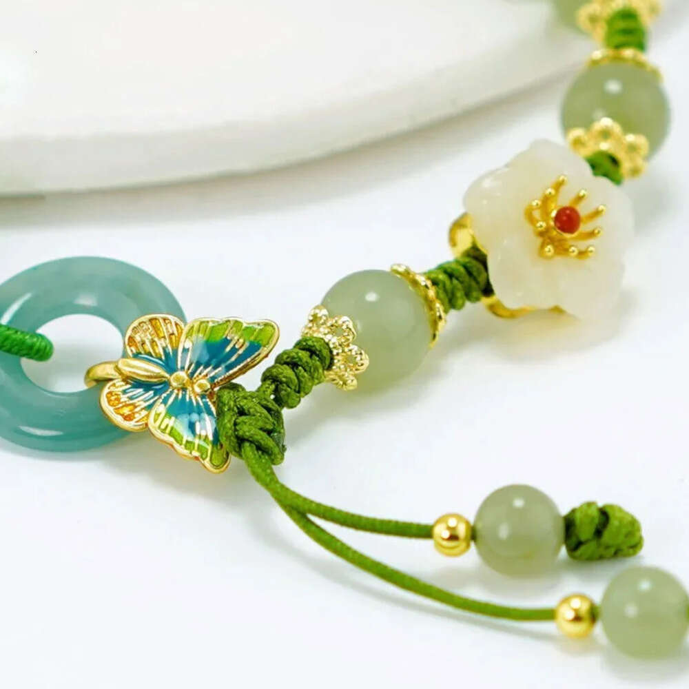 Hand Knotted DIY Jade Stone Jadeite Flower Anklets Charm Jewellery Fashion Accessories Chinese Carved Amulet Gifts For Women Men Liuyuemoshang