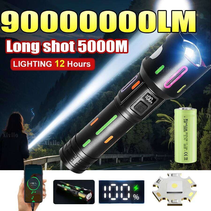 90000000LM High Power LED Flashlight With Fluorescent Head Long Range 5000M Torch Light Zoom Rechagreable Portable Lamp Camping Z260301