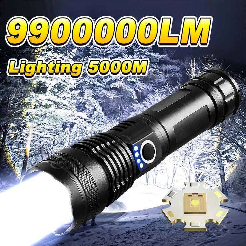 9900000LM High Power LED Flashlight Rechargeable Lamps Long Range 5000M Super Bright Torch Waterproof Outdoor Camping Light Z260301