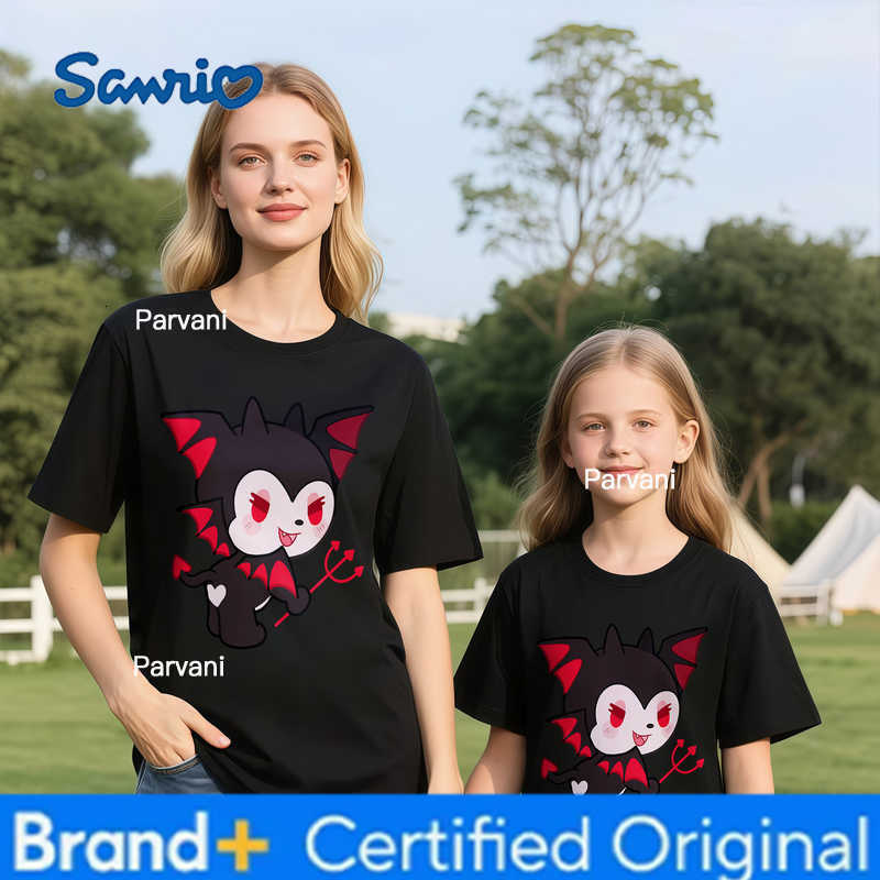 Sanrio 2026 Summer Kuromi Retro High-Quality 100 Cotton Mens T-shirt Oversized Cute Devil Print Top Unisex Family Matching Fashion H260302