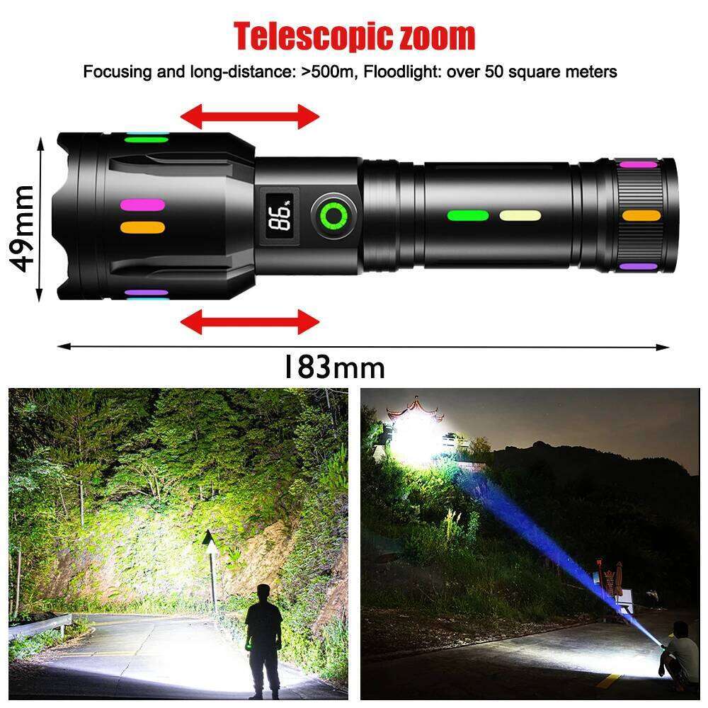 5000LM Long-Range White Laser Flashlight TYPE-C Rechargeable Camping Torch Zoomable Search Spotlight with Luminous Strips Z260301