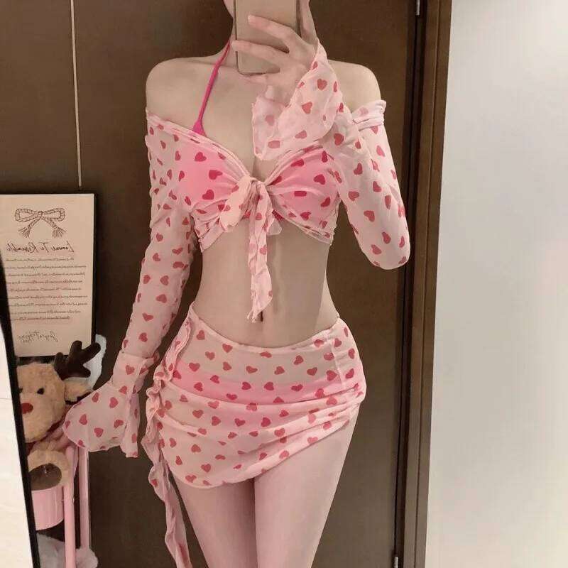 New Sexy Heart Printed Bikini Set Women Swimsuit Chic Sweet Four-Piece High Waist Female Swimwear Vacation Bathing Beachwear Z260301