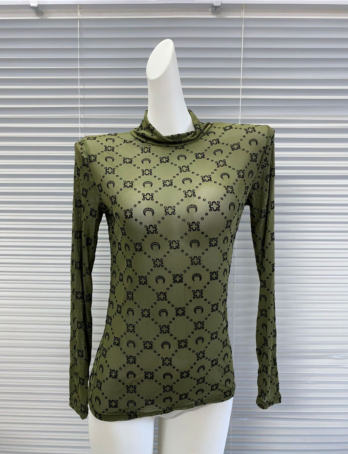 2026 Autumn Winter Turtleneck Mesh, Quilted Pattern, Thumbhole Long Sleeve, Sexy Design, Moon Print Flocked Sheer Top & Bottoms