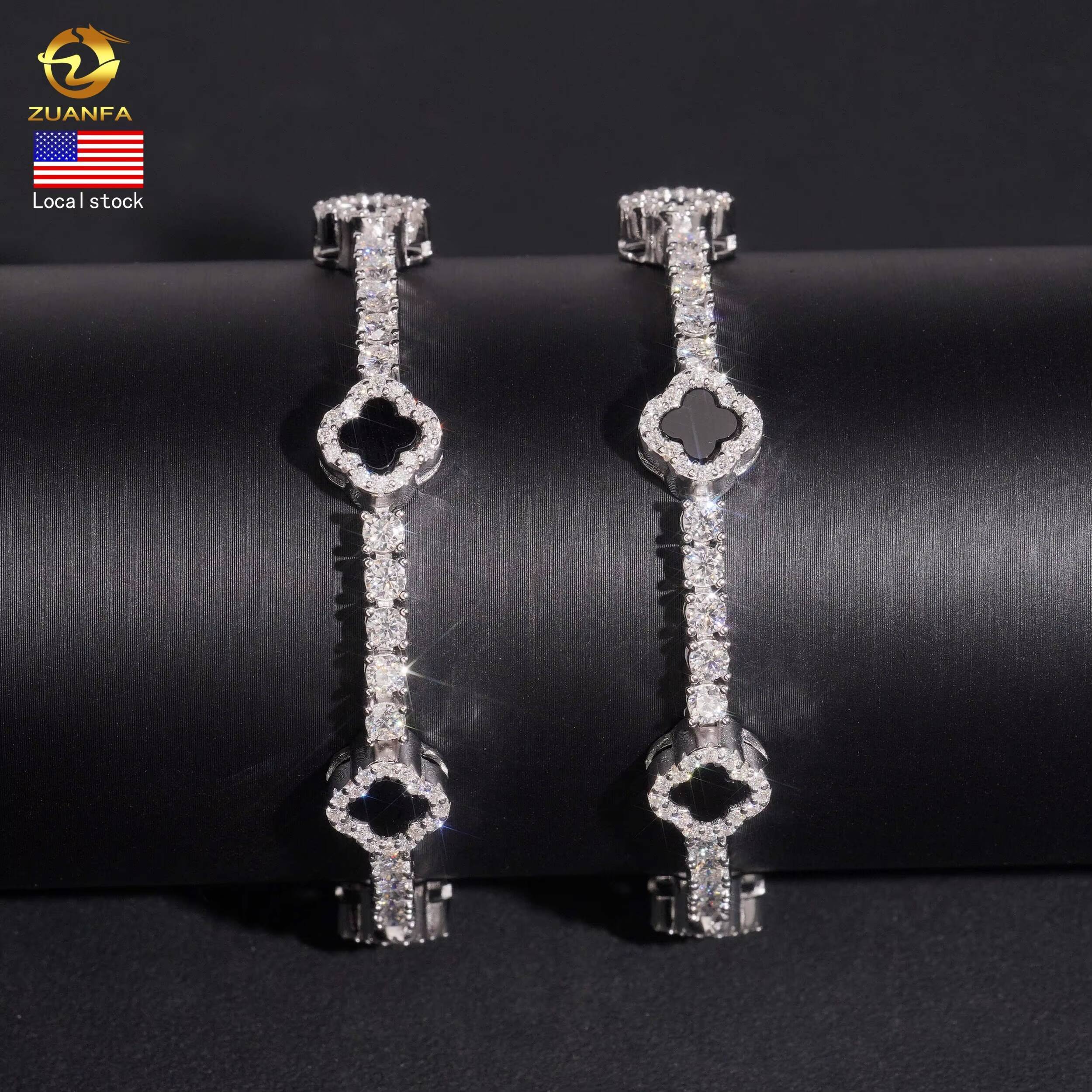 Fast Shipping Hip Hop Gift Iced Out Clover 3mm 925 Sterling Silver VVS Moissanite Tennis Bracelet