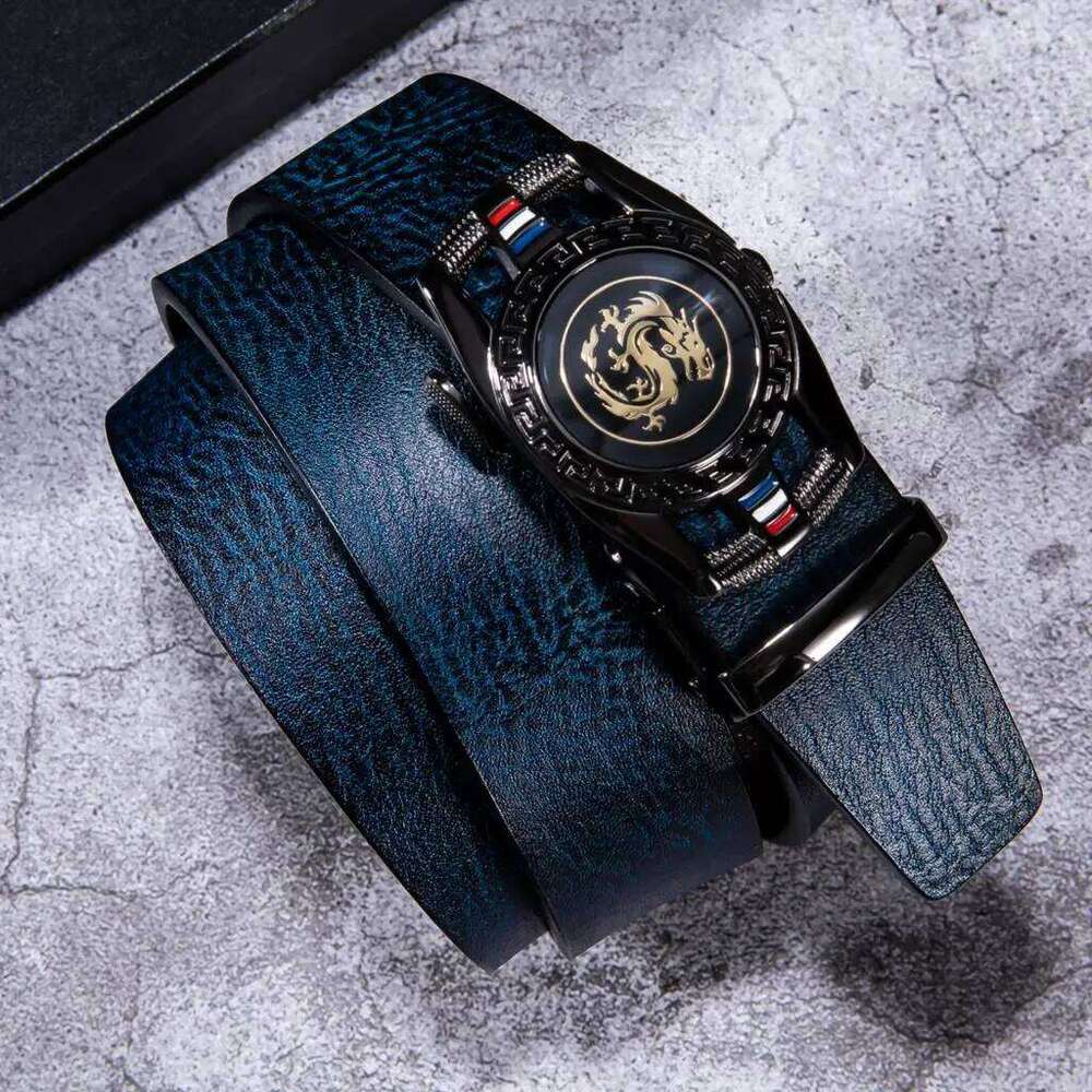 Hi-Tie Navy Blue Genuine Leather Mens Belts Dragon Automatic Buckles Ratchet Adult Waist Belt for Men Dress Jeans Adjustable XXL S260228