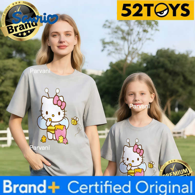 Sanrio 2026 Autumn-Winter Trending Hello Kitty Bee Print 100 Cotton Parent-Child T-Shirts High Quality Loose Casual Breathable Y2K H260302