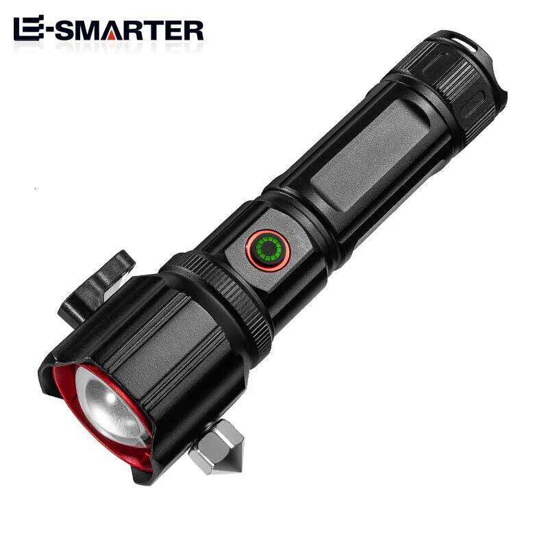 High Power Zoom LED Flashlight with USB Charging COB Safety Hammer Multi-functional Waterproof Aluminum Alloy White Laser Torch Z260301