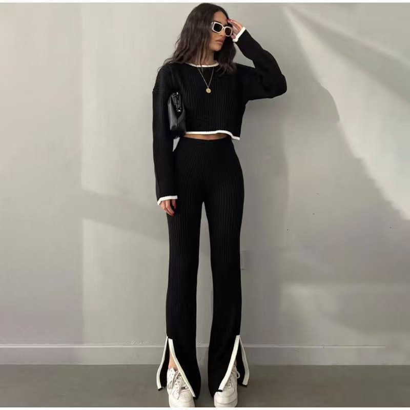 Autumn and winter new cross-border Russian long sleeved sweater set for European and American foreign trade, knitted top, long pants set for women