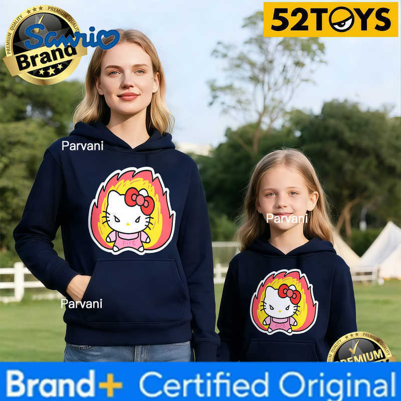 Sanrio 2026 Autumn-Winter Trending Hello Kitty Fire Print 100 Cotton Parent-Child Hoodies High Quality Loose Casual Comfortable Y2K H260302