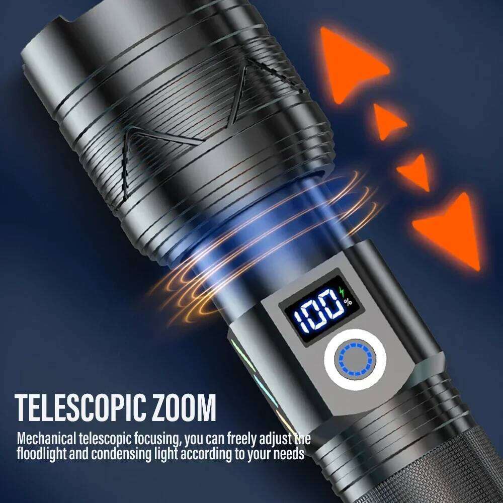 High LED Flashlight Type-c Rechargeable Tactical Zoom Torch Use 26650 Battery Camping Fishing Lantern with Power Display Z260301