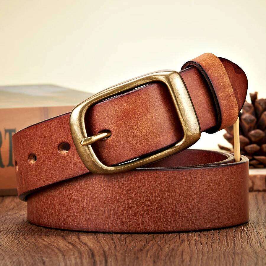 3.3CM High Quality Natural Cowskin Genuine Leather Belt Men Casual Copper Buckle Business Male Strap For Jeans Cowboy Cintos S260228