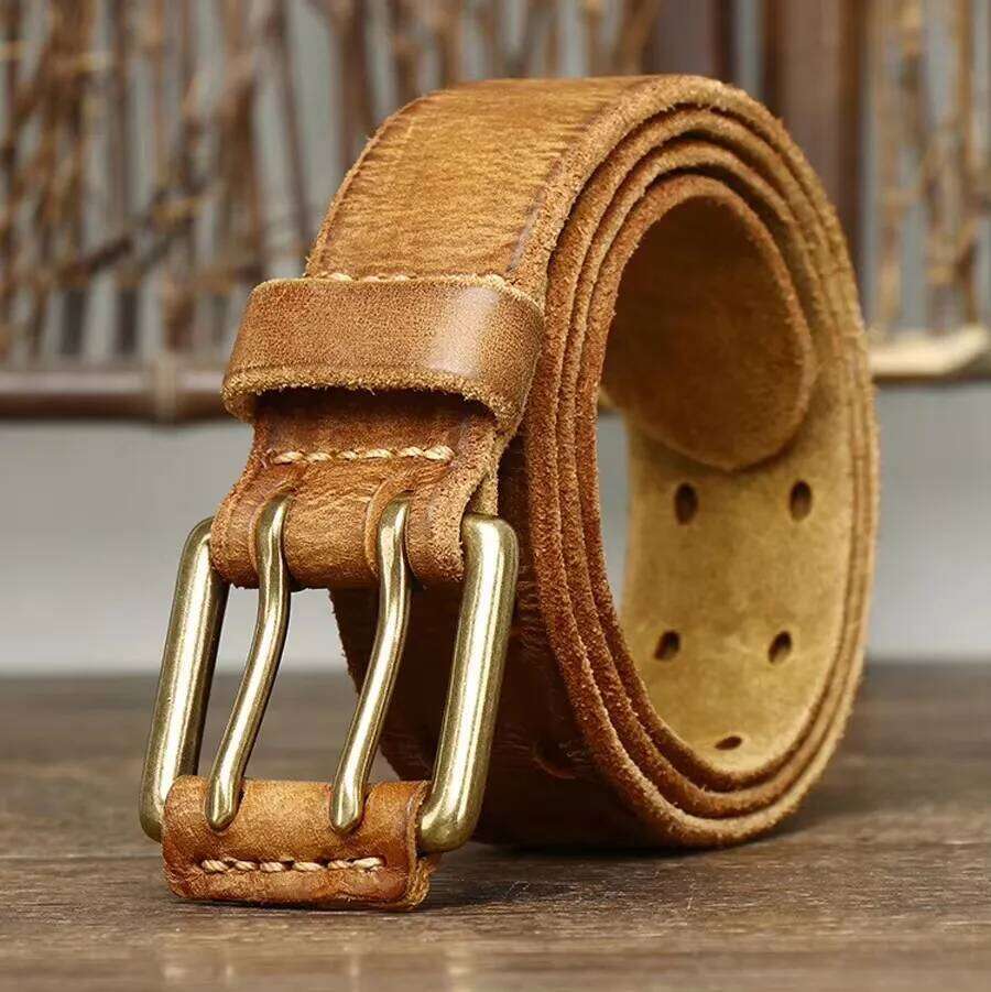 3.8cm Vintage Men's Real Cowhide Genuine Leather Copper Double Needle Buckle Handmade Jeans Belt Fashion Male Strap S260228