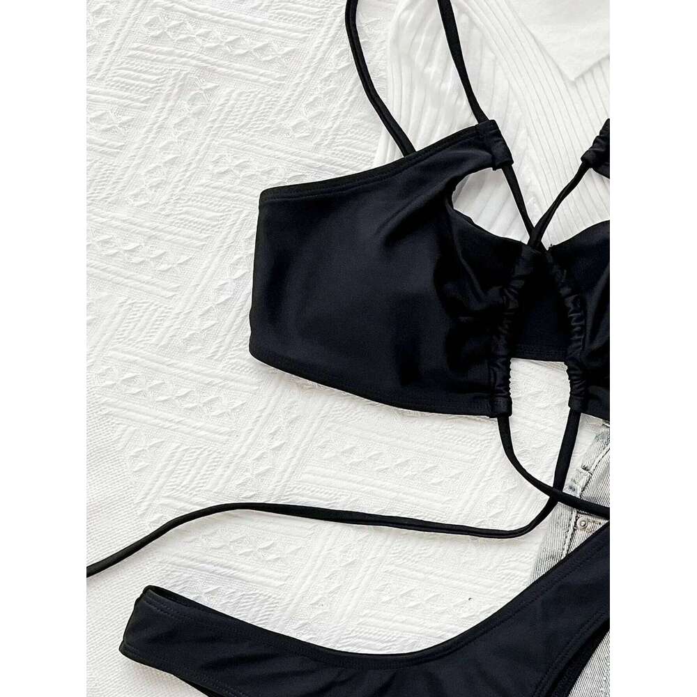2025 Sexy Swimwear Swimsuit Women Black Hollow Cross Straps Bikinis Set Bathing Suit Beach Bikini Female Banadores Mujer Z260301