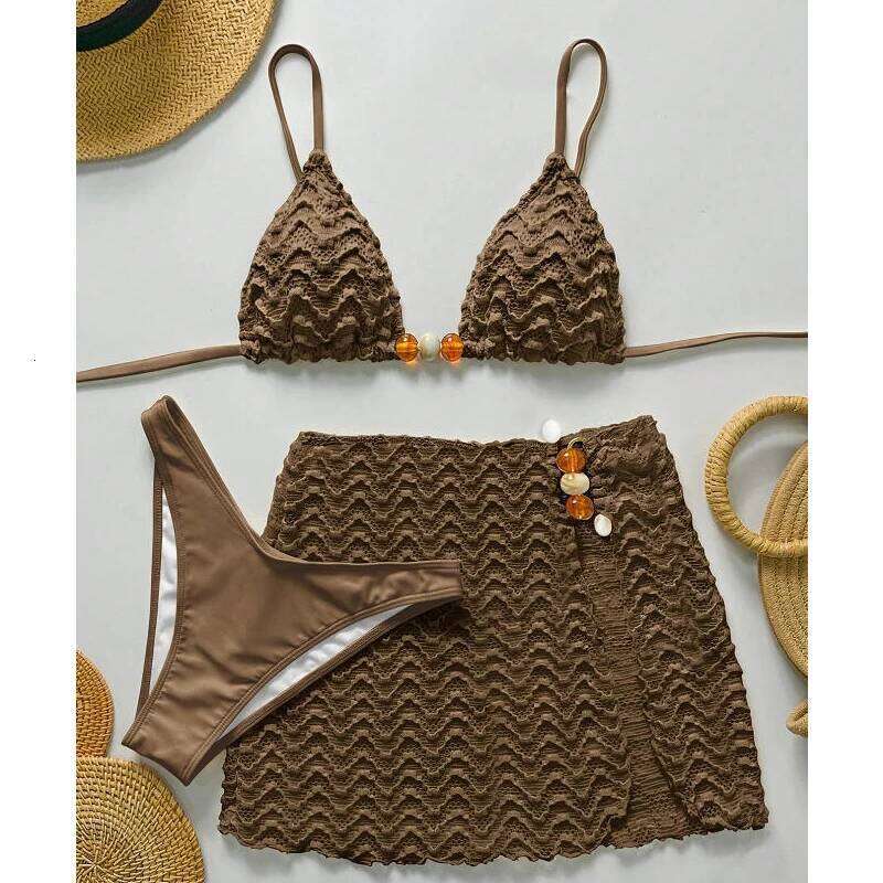 Sexy Bikini Set Women Halter Push Bra Skirt 3 Piece Swimsuit Bathing Suit Cover Up Thong Swimwear Biquini Z260301