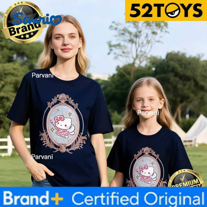 Sanrio 2026 Autumn-Winter Trending Hello Kitty Vintage Frame Print 100 Cotton Parent-Child T-Shirts High Quality Loose Casual Y2k H260302