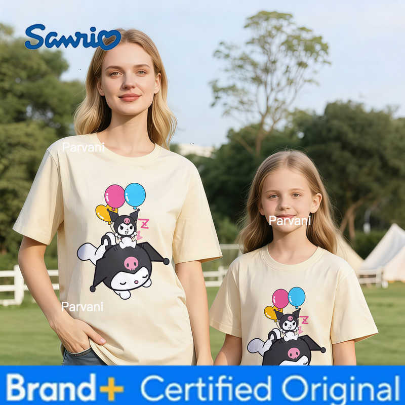 Sanrio 2026 Summer Kuromi Retro High-Quality 100 Cotton Mens T-shirt Oversized Cute Balloon Print Top Unisex Family Matching Y2K H260302