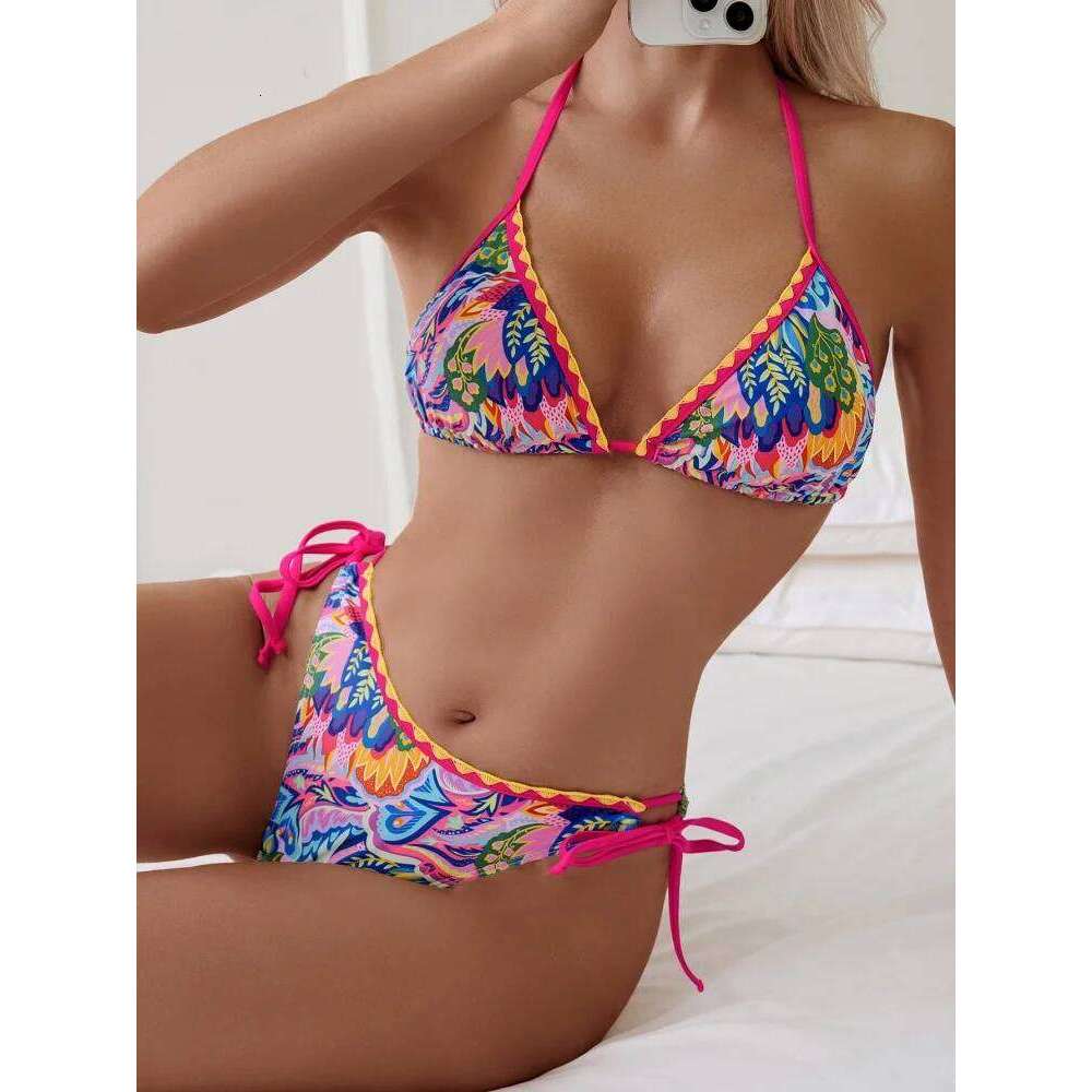 Micro Bikini Women Swimsuit 2026 New Print Halter Bikinis Set Sexy Lace Up Swimwear Summer Two Piece Beach Bathing Suit Female Z260301