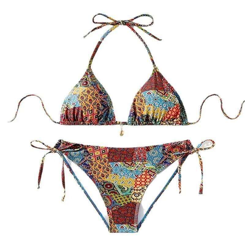 Sexy printed hang neck tie top+tie shorts split bikini 2025 summer women's fashionable beach vacation swimsuit two-piece set Z260301