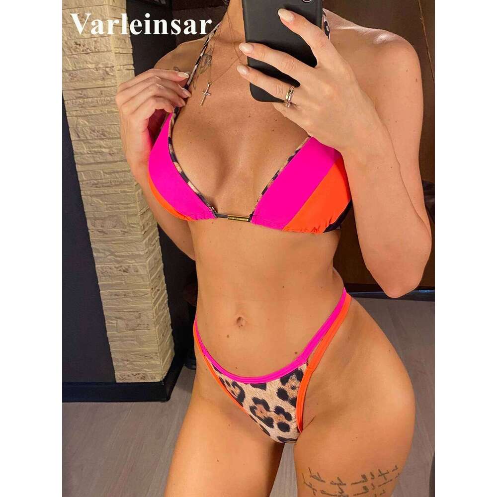 Halter Leopard Printed Splicing Female Swimsuit Women Swimwear Two-pieces Bikini set Bather Bathing Suit Swim Lady V4445 Z260301