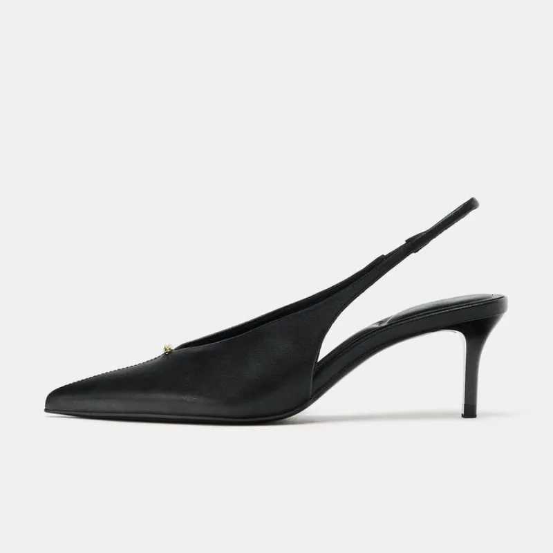 Sexy Black Pointed Toe Slingbacks Pumps Women Fashion Metal Decoration Sewing Designer Shoes Comfortable Commuter Office Shoes K260302