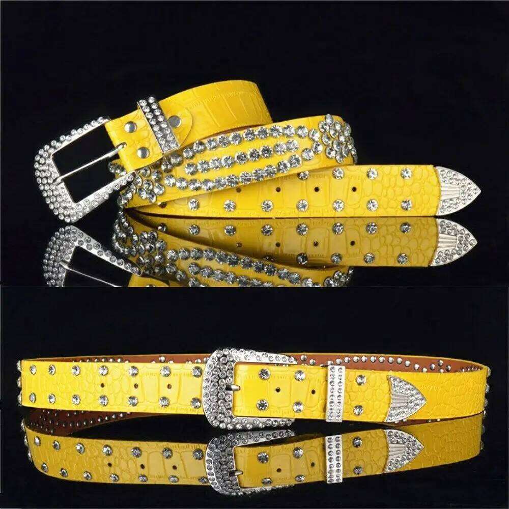 Women Adjustable Studded Rhinestone Belt Waistband Bling Crystal PU Leather S260228