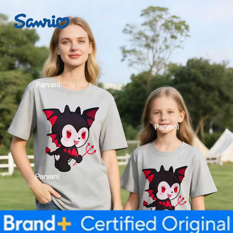 Sanrio 2026 Summer Kuromi Retro High-Quality 100 Cotton Mens T-shirt Oversized Cute Devil Print Top Unisex Family Matching Fashion H260302