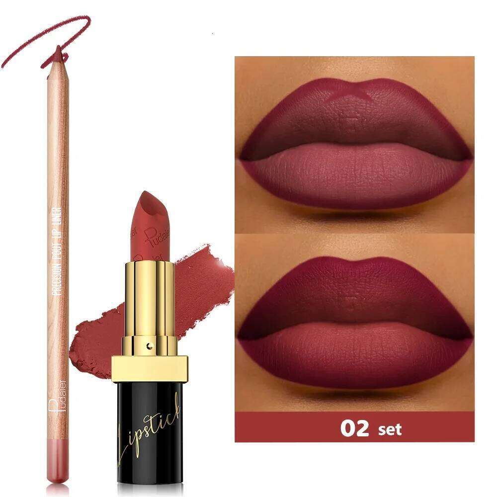 Pudaier 2pcs Matte Lipstick and Lip Liner Set - Waterproof, Sweat-proof, Long-lasting, Easy to Apply H260302
