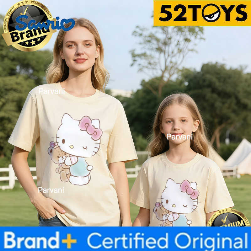 Sanrio 2026 Autumn-Winter Trending Hello Kitty Hug Bear Print 100 Cotton Parent-Child T-Shirts High Quality Loose Casual Fashion H260302