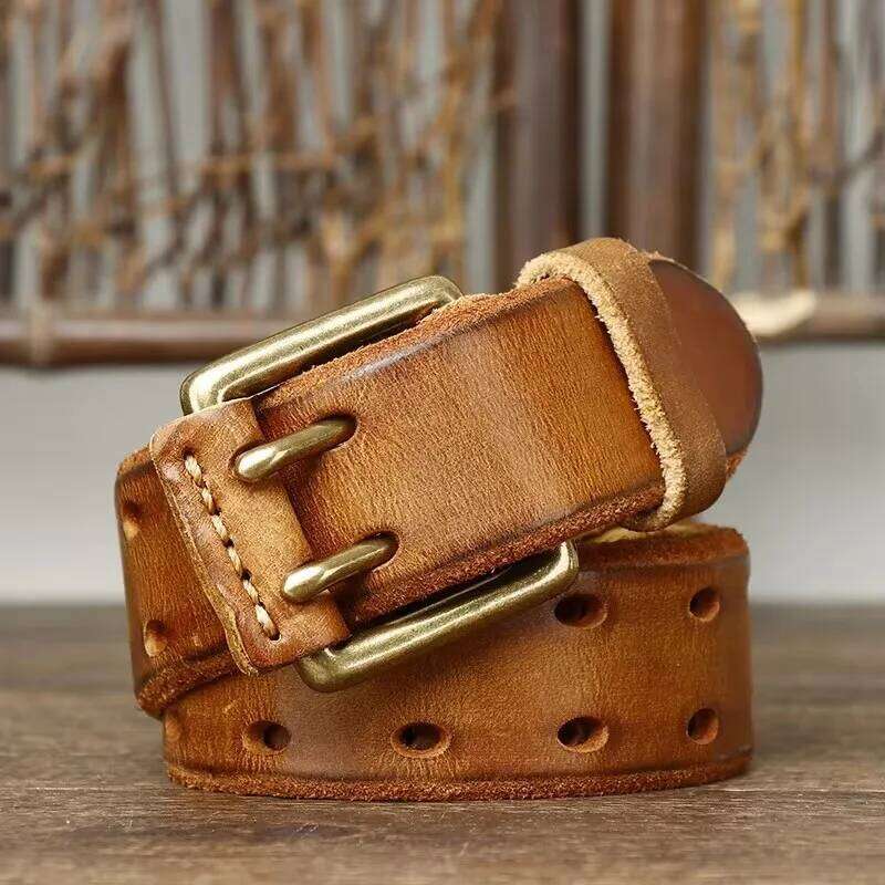 3.8cm Vintage Men's Real Cowhide Genuine Leather Copper Double Needle Buckle Handmade Jeans Belt Fashion Male Strap S260228