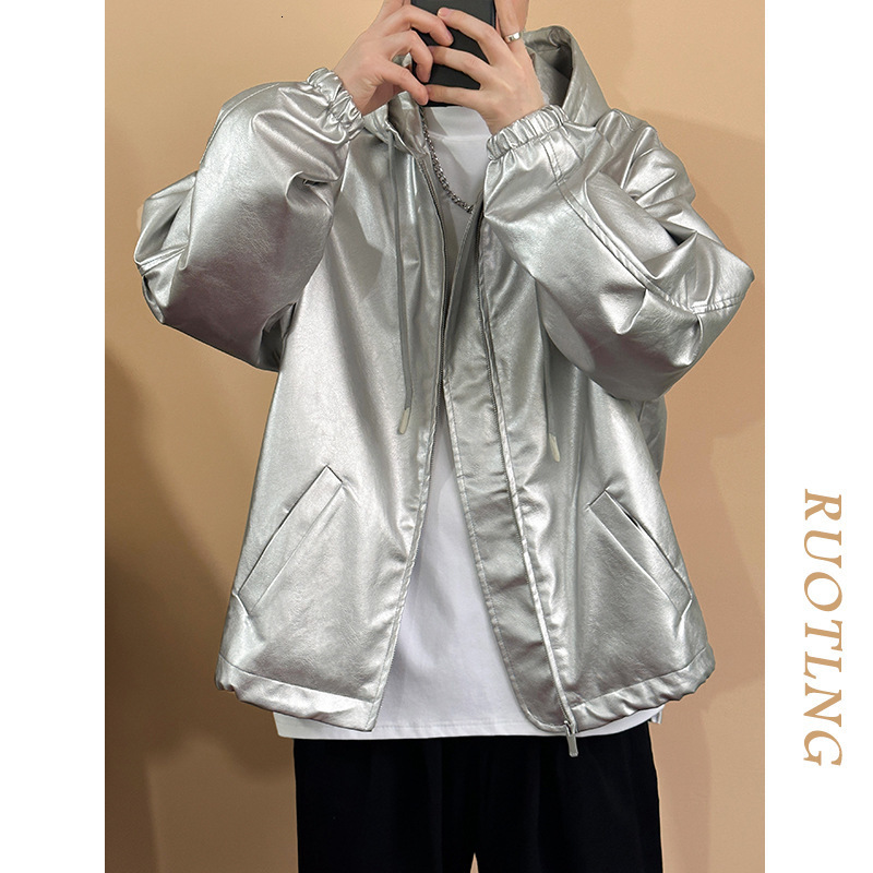 Mauroicardi Autumn Ultra Thin Waterproof Silver Pu Leather Jacket Mens Hooded Zipper Y2K Street Clothing 241112