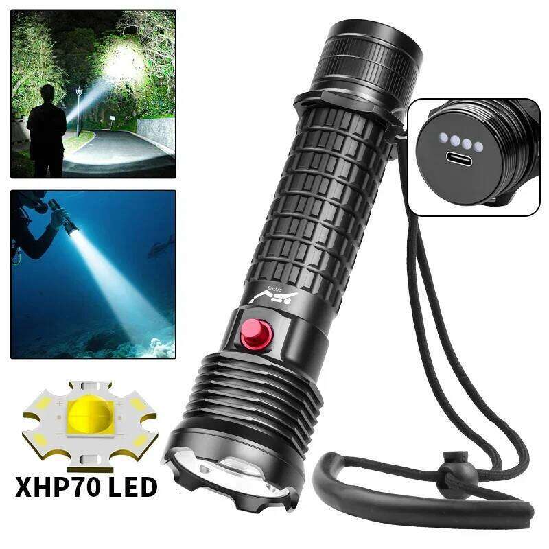 Diving Flashlight Rechargeable Strong XHP70 Focus Dive Torch Waterproof Submersible Lighting IPX-8 Underwater Flash Light Z260301