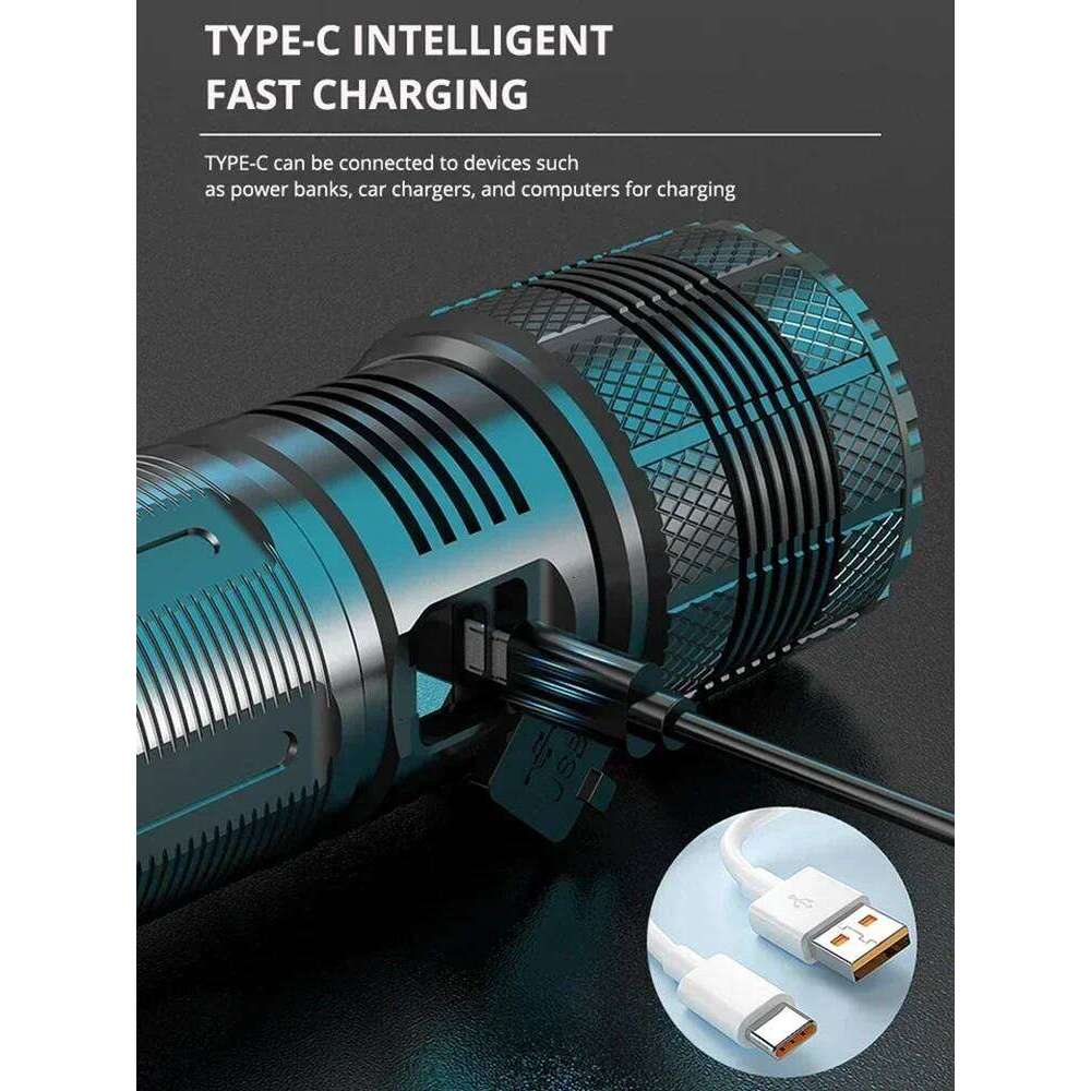 10000M LED Flashlight USB C Rechargeable 8000W Flash Light 9900000000LM Power Flashlights Zoom Tactical Lantern 20000mah battery Z260301