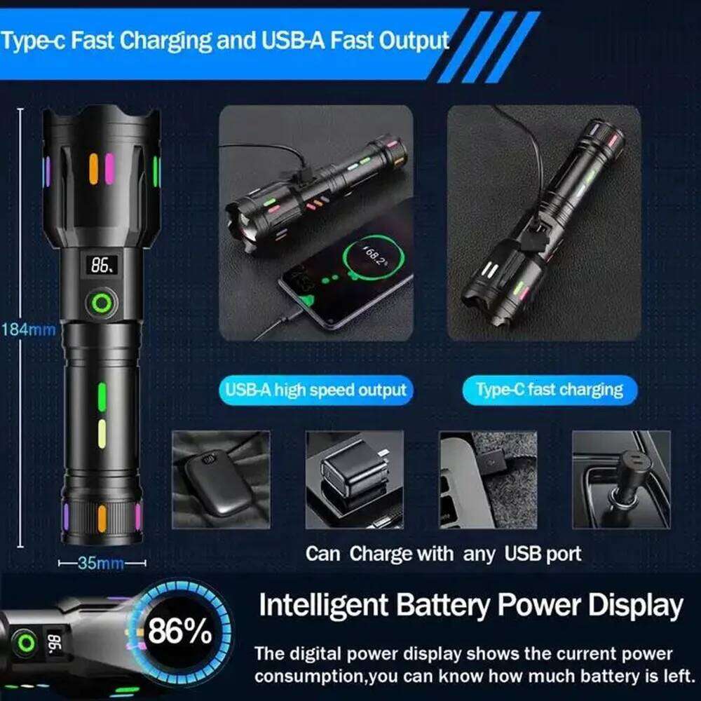 High Long Range LED Flashlight Tactical LCD Power Display USB Rechargeable Light Telescopic Zoom Torch Camping Lante Z260301