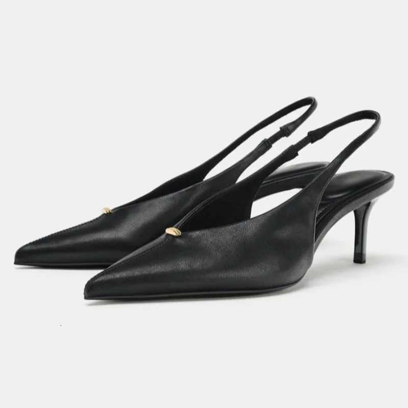 Sexy Black Pointed Toe Slingbacks Pumps Women Fashion Metal Decoration Sewing Designer Shoes Comfortable Commuter Office Shoes K260302
