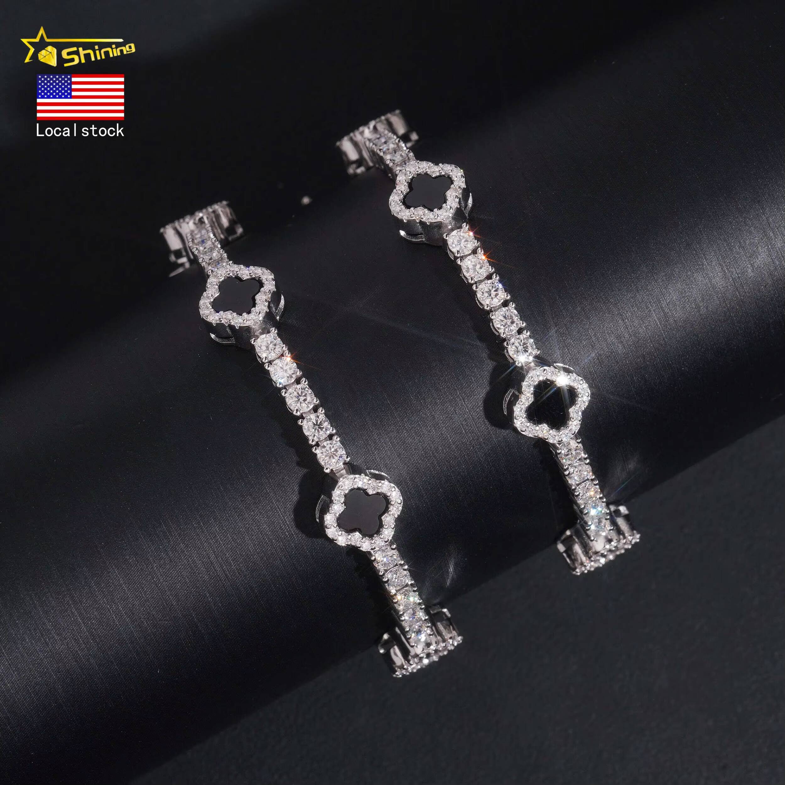 USA Warehouse RTS GRA Certificate 925 Solid Silver Hip Hop Jewelry Iced Out VVS Moissanite Diamond 3mm Clover Tennis Bracelet