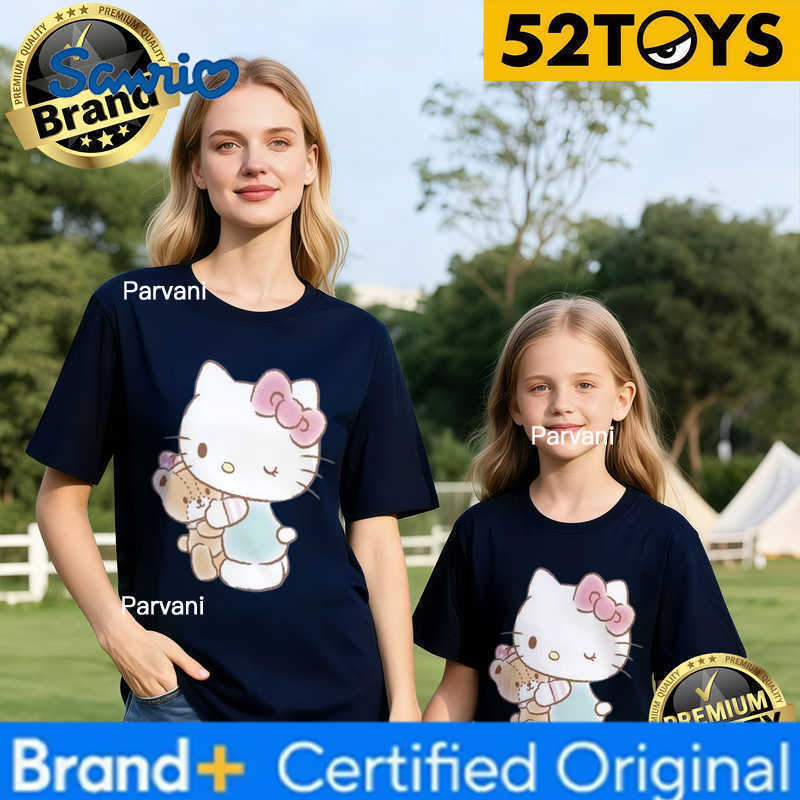 Sanrio 2026 Autumn-Winter Trending Hello Kitty Hug Bear Print 100 Cotton Parent-Child T-Shirts High Quality Loose Casual Fashion H260302