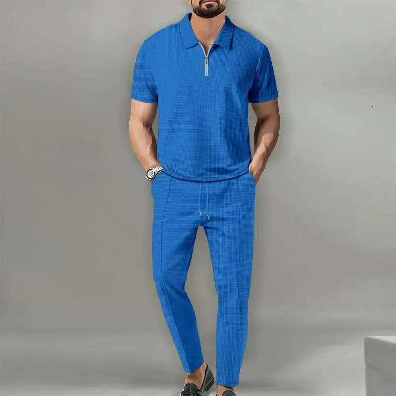 Tracksuits Solid Color Waffle Fabric Lapel Collar Zipper Jacket Short Sleeve Trousers Casual European American Style Men's Clothing - view 9