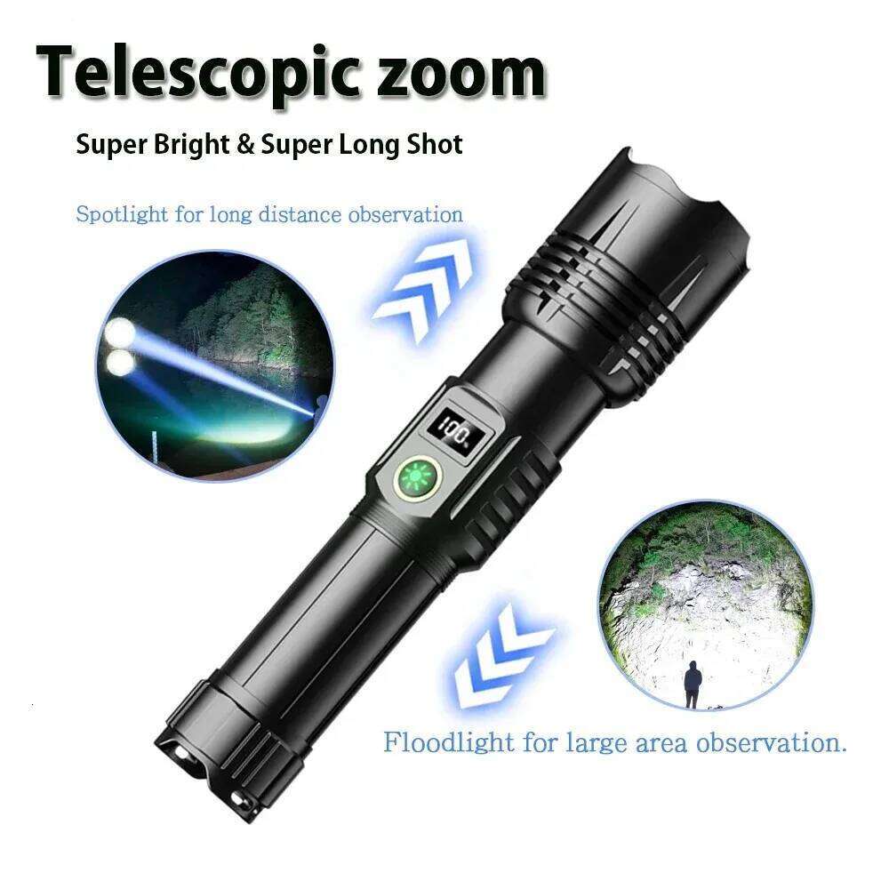 Super Bright LED Flashlight Rechargeable Zoom Long Range Aluminum Alloy Torch with Digital Power Display for Outdoor Camping Z260301