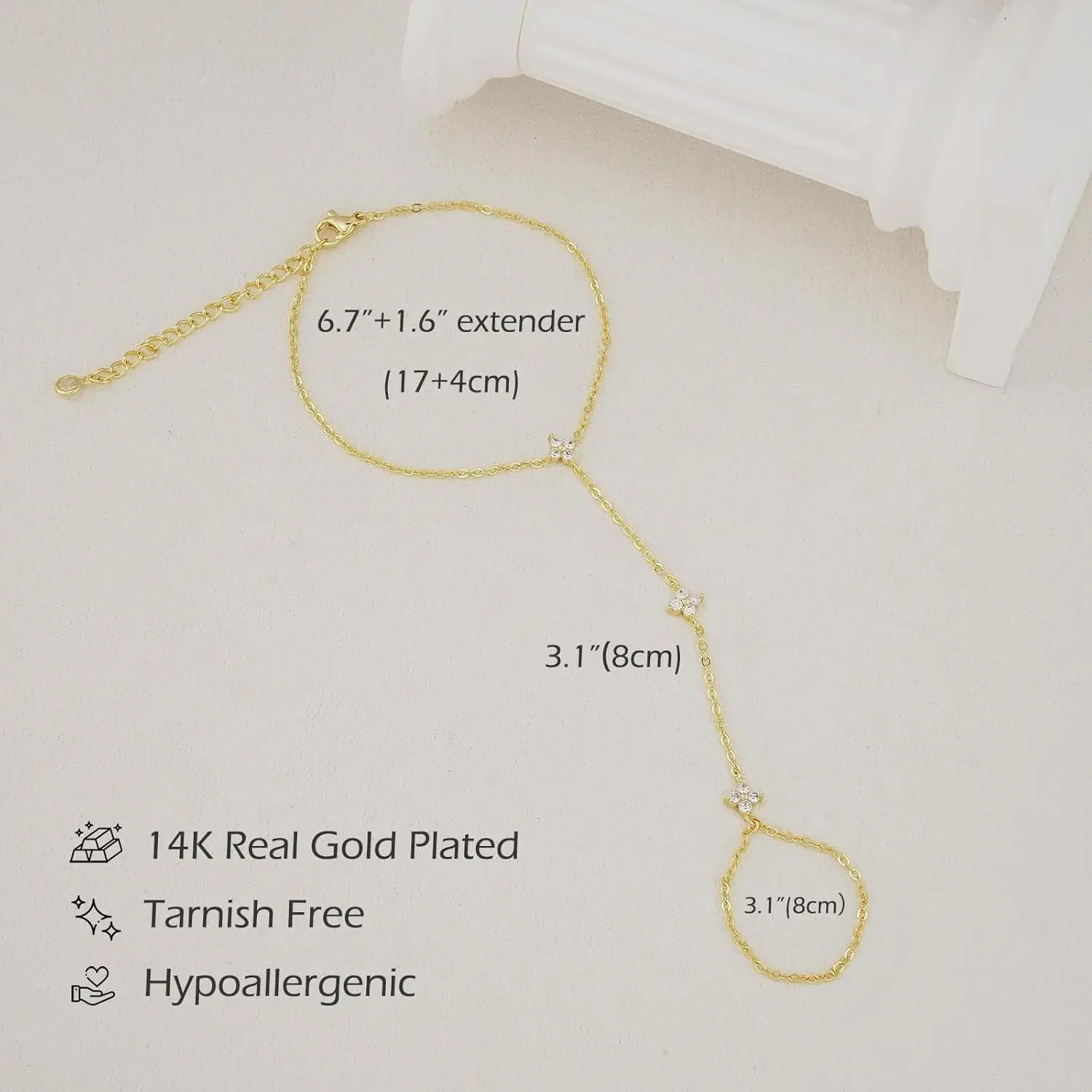 Women Bracelets Waterproof 14K Gold Ring Bracelet Hand Chain Dainty Daisy Cubic Zirconia Stackable Link Chain Hypoallergenic 260302