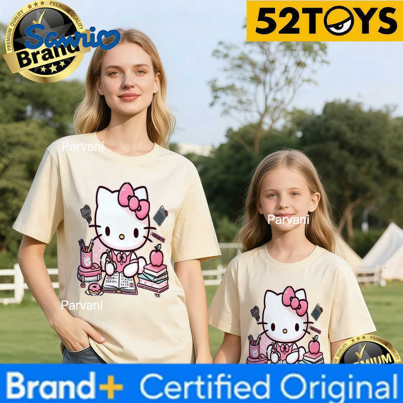 Sanrio 2026 Autumn-Winter Trending Hello Kitty Study Time Print 100 Cotton Parent-Child T-Shirts High Quality Loose Casual Fashion H260302