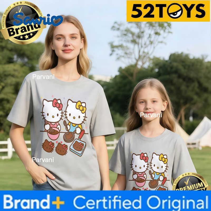 Sanrio 2026 Autumn-Winter Trending Hello Kitty Baking Print 100 Cotton Parent-Child T-Shirts High Quality Loose Casual Breathable H260302