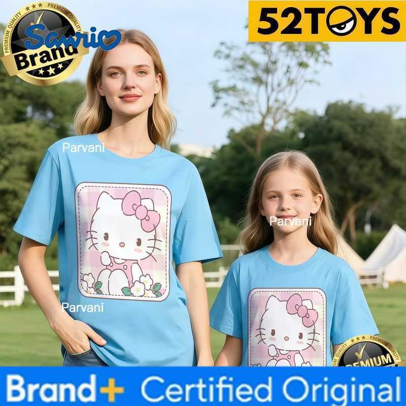 Sanrio 52TOYS Hello Kitty Gingham Print Family T-shirts 2026 Summer 100 Cotton Casual Loose Parent-Child Y2k Tees Single Piece3Pcs H260302