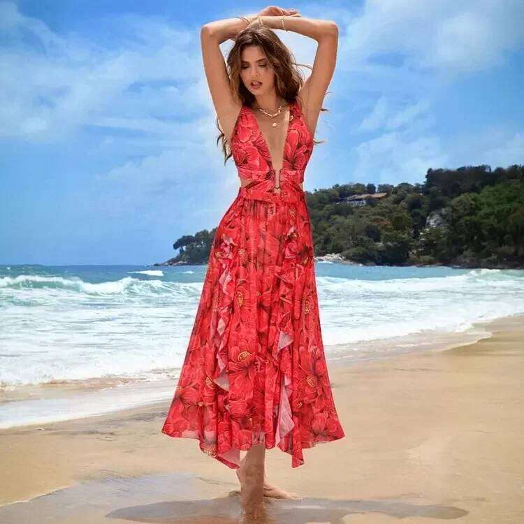 Floral Print Two Swimsuit Blooming Red Flower Vacation One Piece Set Swimwear Bathing Suit Bikini Resort Holiday Wear Z260301