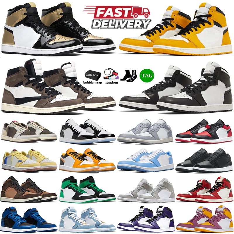 1s 1 Basketball Shoes For Mens Womens Trainers Black White University Blue Smoke Grey Yellow Ochre College Grey Denim Bred Toe Outdoor Sports Shoes Men Sneakers