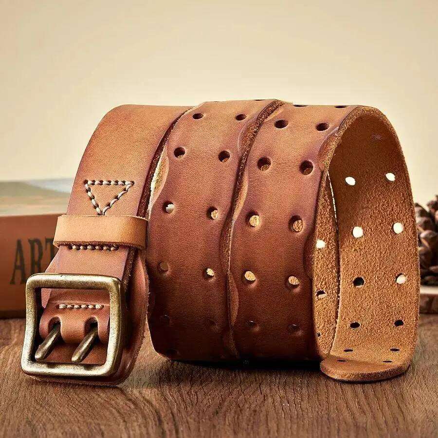 Thick Original Vintage Men Wide Male Cowhide Real Genuine Leather Double Prong Buckle Strap Cowboy Jeans Belt S260228